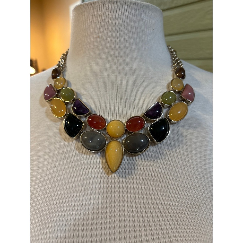 Loft Multi Color Resin Stone Bib Statement Necklace Gold Tone